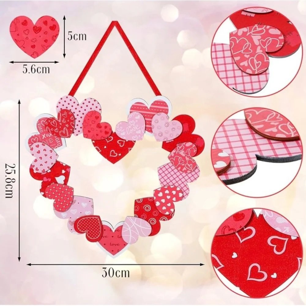 Heart Red and Pink Wood Valentines Day Holiday Wreath